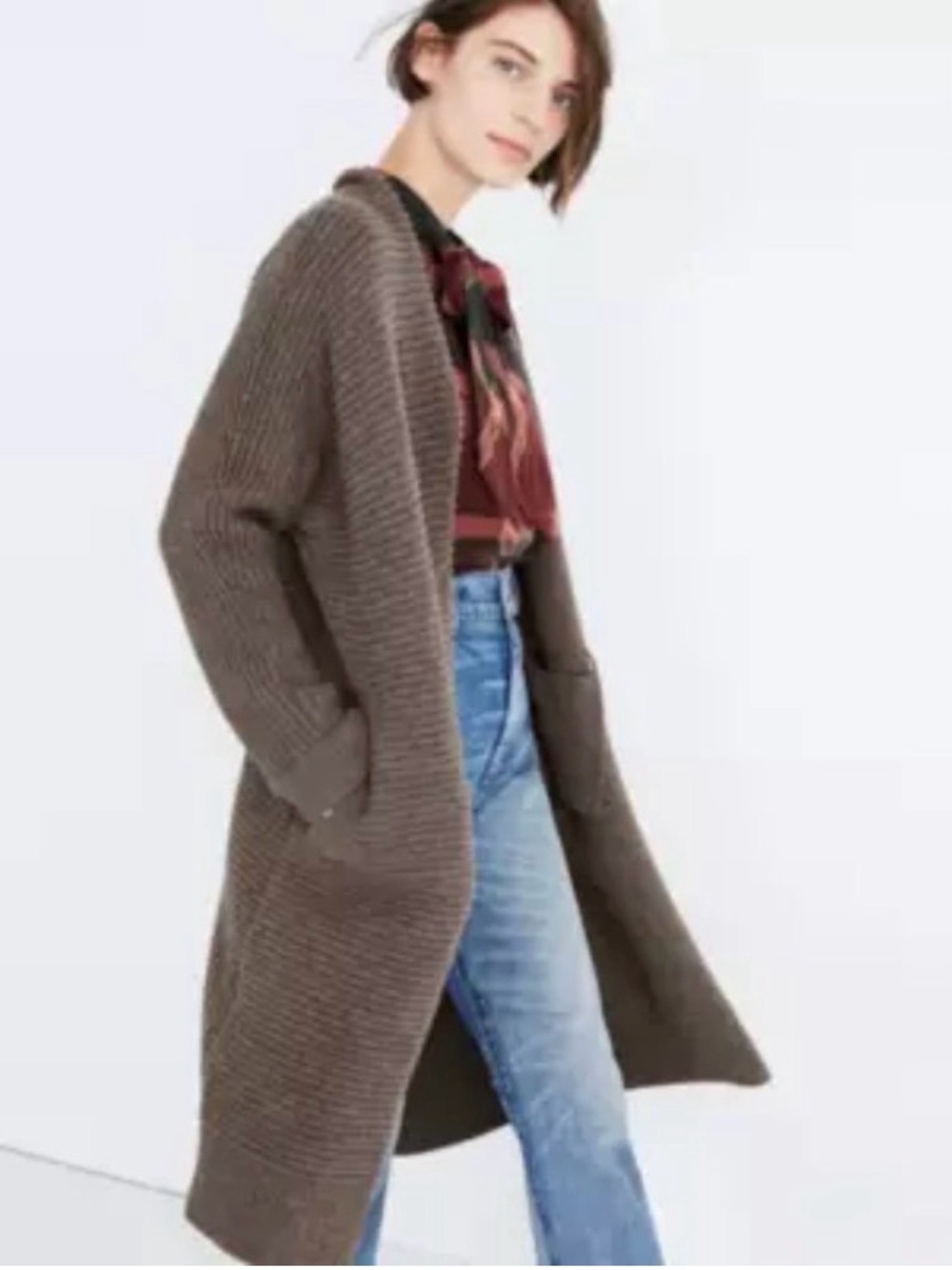 Madewell Long Ribbed Open-Front Cardigan - Brown